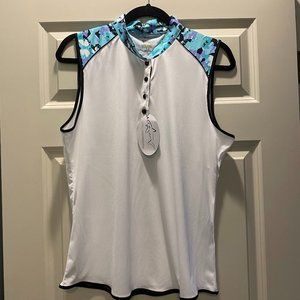 NWT Greg Norman Size L sleeveless golf shirt. White with a multicolor print.